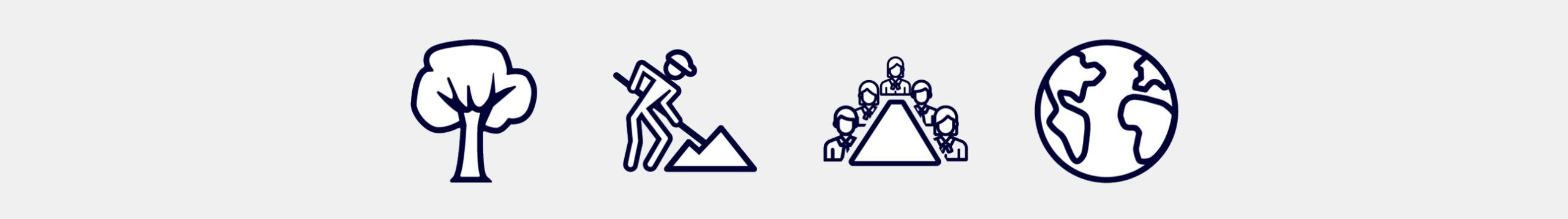 Pictos illustrant un arbre, un chantier, une réunion et un globe terrestre
